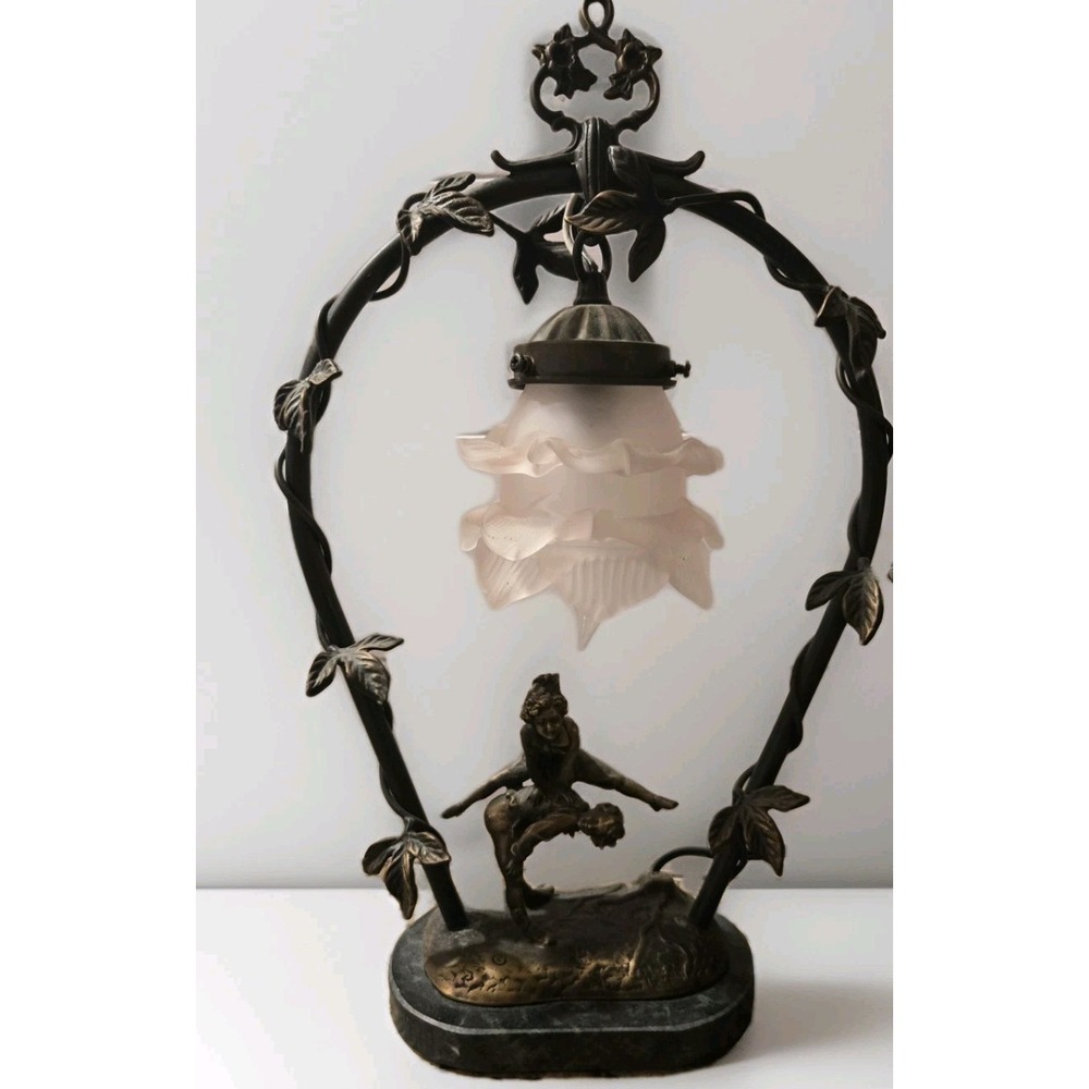 Vintage Andrea by Sadek‎ Bronze Lamp Children Playing Leapfrog Green Marble MCM